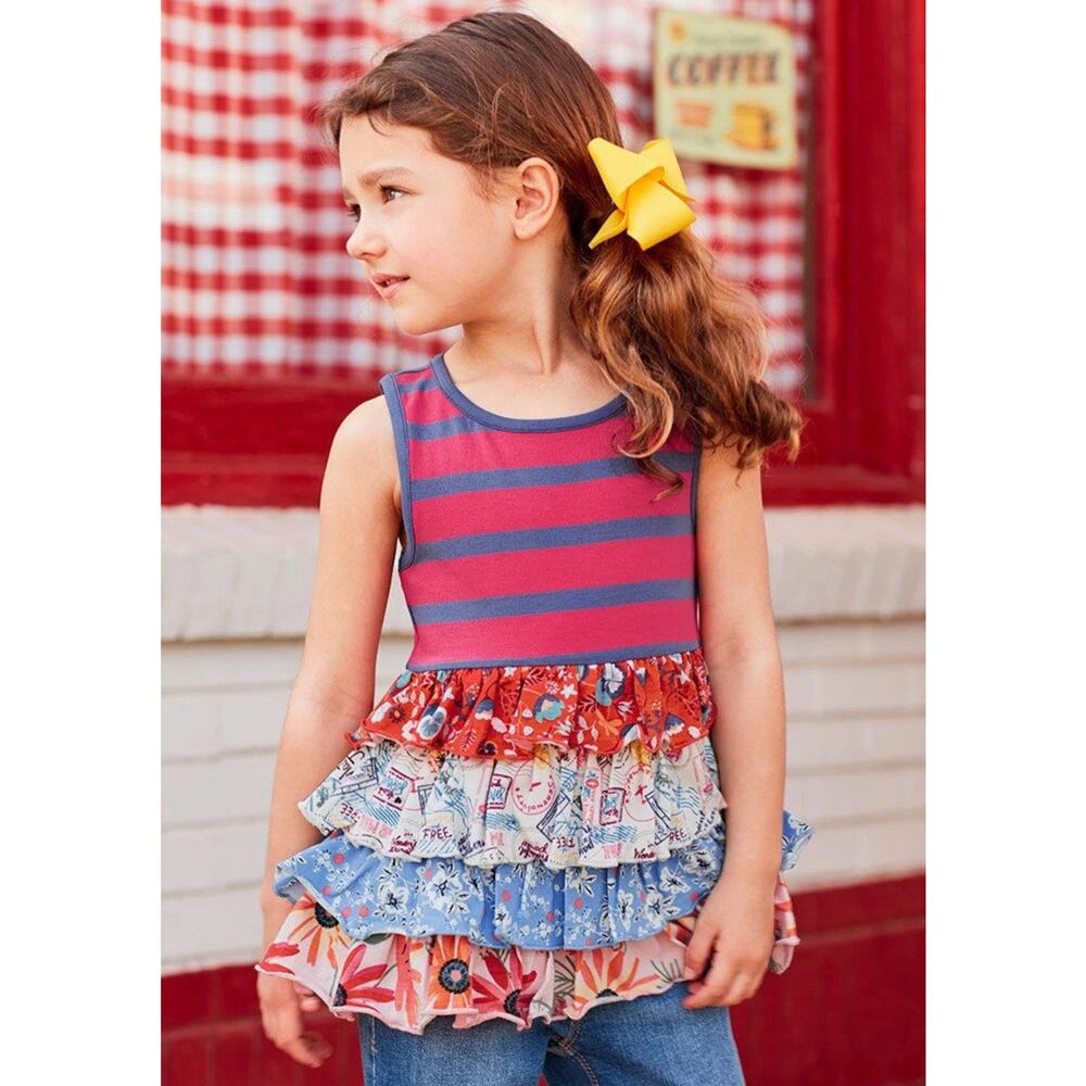 Matilda Jane Girls 10 No Stopping Tunic Top Stripes Floral Ruffle 4th of July
